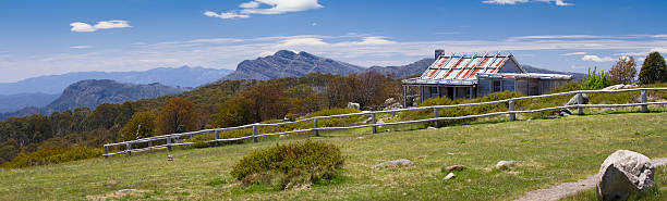 Craig's Hut Panoramic image of iconic Craig's Hut of movie fame in the Victorian alps, Australia high country stock pictures, royalty-free photos & images