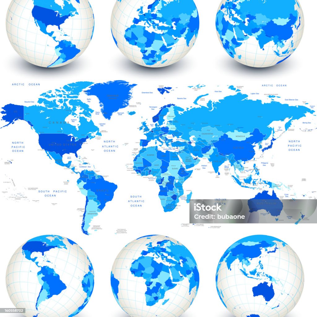 Weltkarte mit Globen und Land ins Blaue - Lizenzfrei Weltkarte Vektorgrafik