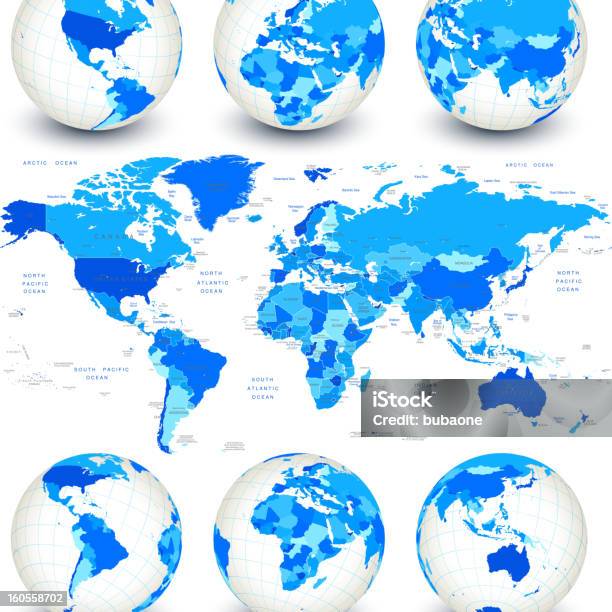 세계지도 블루 지구본 및 국가 개요 세계지도에 대한 스톡 벡터 아트 및 기타 이미지 - 세계지도, 지구본, 3차원 형태