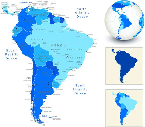 Vector illustration of South America Map with blue globe and country outlines