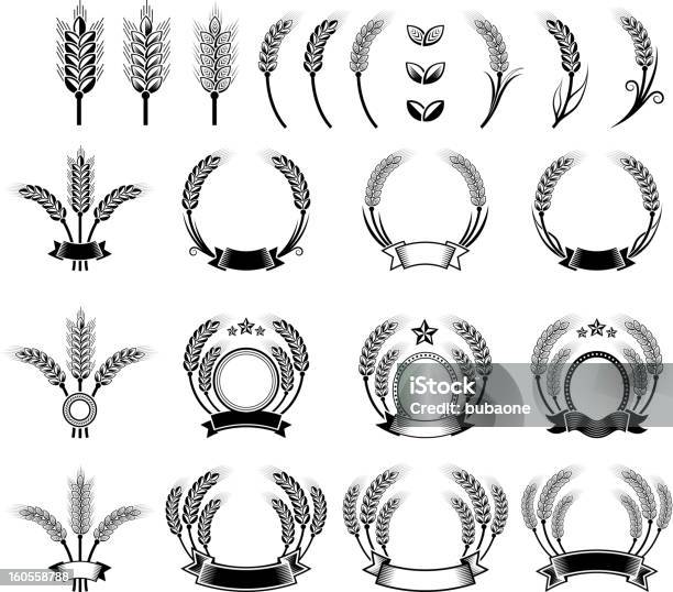 Coroa De Trigo De Cevada Preto E Branco Vector Conjunto De Ícones - Arte vetorial de stock e mais imagens de Cevada