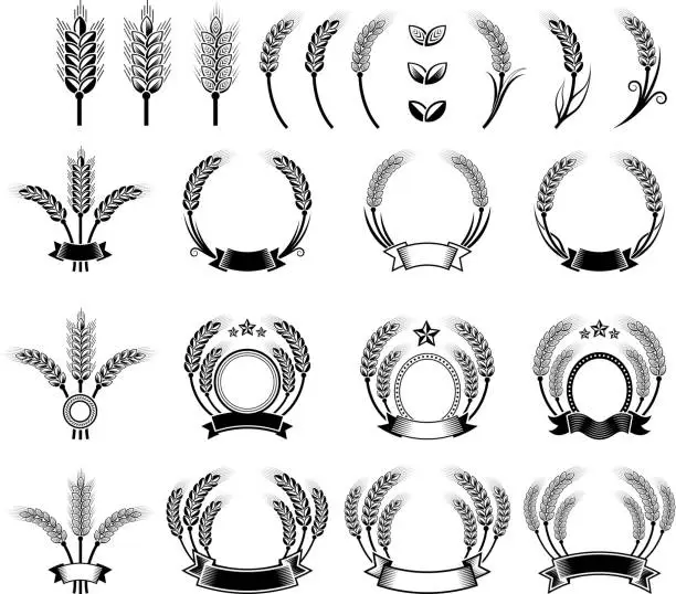 Vector illustration of Wheat Barley Wreath black and white vector icon set