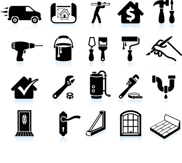 illustrations, cliparts, dessins animés et icônes de réparation de maison bricolage noir et blanc vector icon set - home improvement hammer work tool nail