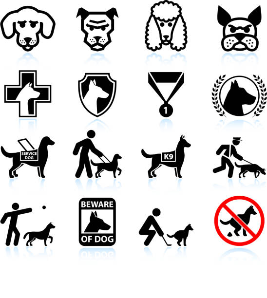 pies rasy czarny i biały, wektor zestaw ikon royalty-free - dog retrieving german shepherd pets stock illustrations