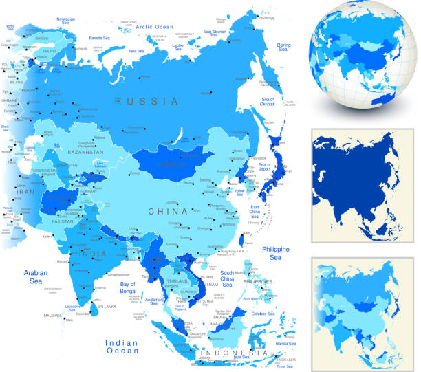 illustrations, cliparts, dessins animés et icônes de carte de l'asie avec globe bleu et de contour des pays - china map globe cartography