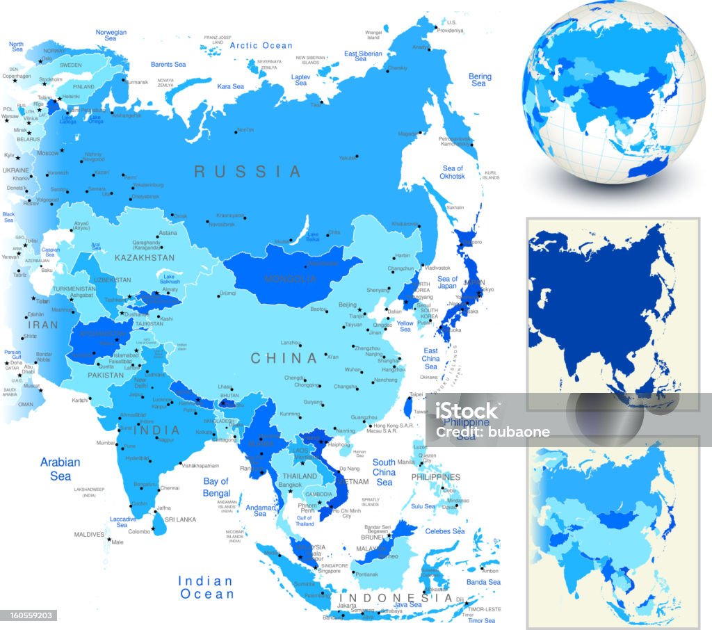 Ásia mapa azul com globo e país contornos - Royalty-free Globo terrestre arte vetorial