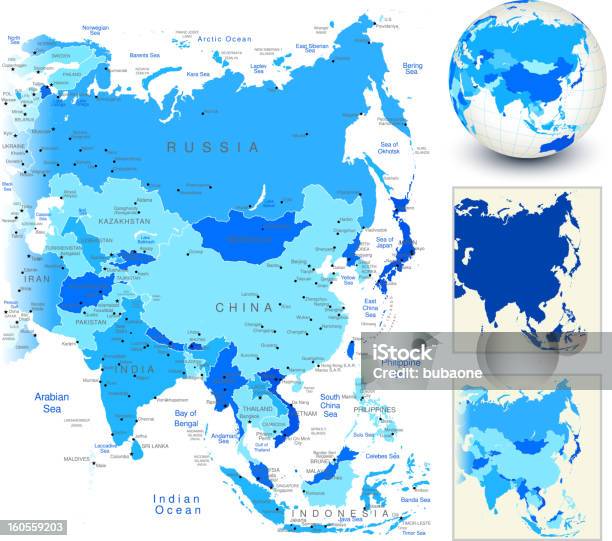 Ásia Mapa Azul Com Globo E País Contornos - Arte vetorial de stock e mais imagens de Globo terrestre - Globo terrestre, Planeta, China