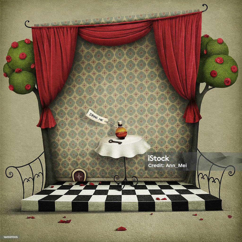 Pared con cortinas rojas y la puerta pequeña - Ilustración de stock de Alicia en el país de las maravillas libre de derechos