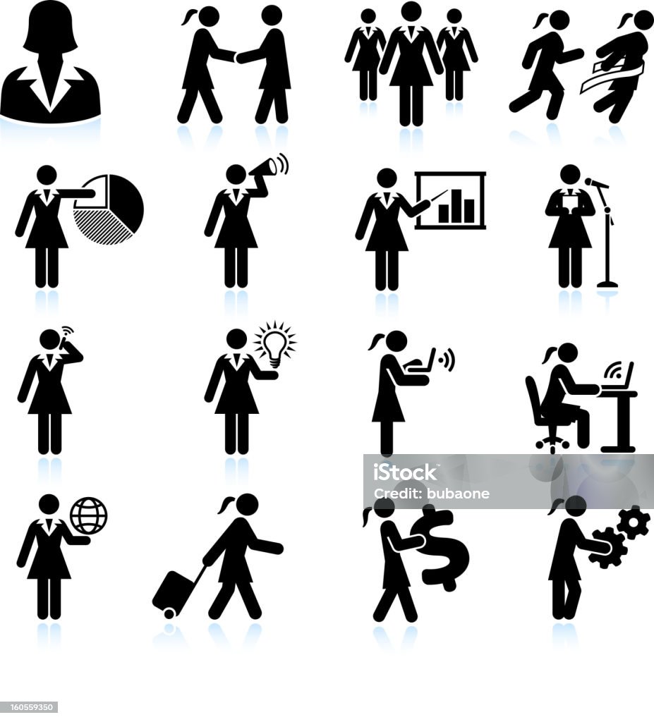 Viajando mujer de negocios en blanco y negro Sin royalties de conjunto de iconos vectoriales - arte vectorial de Ícono libre de derechos