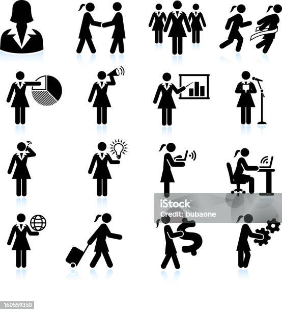 Traveling Businesswoman Black And White Royalty Free Vector Icon Set Stock Illustration - Download Image Now