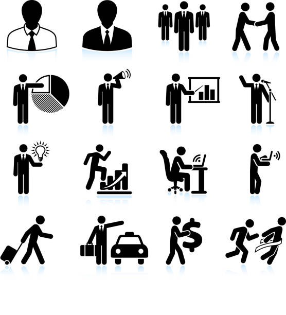 여행이요 사업가 검은색과 인명별 royalty free 벡터 아이콘 세트 - businessman computer icon white background symbol stock illustrations