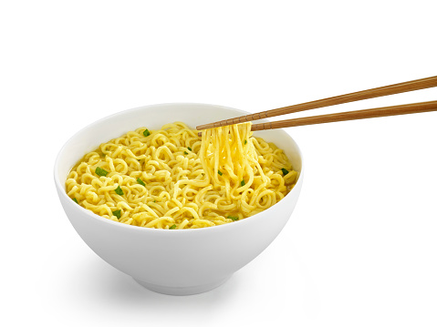 Bowl of Noodles with sauce on white background