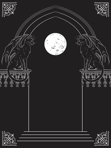 Gothic arch with black cats gargoyles hand drawn vector illustration. Frame or print design.