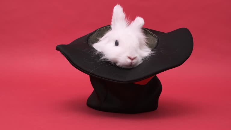 white cute rabbit sits in a black hat. Cylinder hat. Focus with a hare. Surprise with a pet. Focus secret. Animal in a hat on a red background