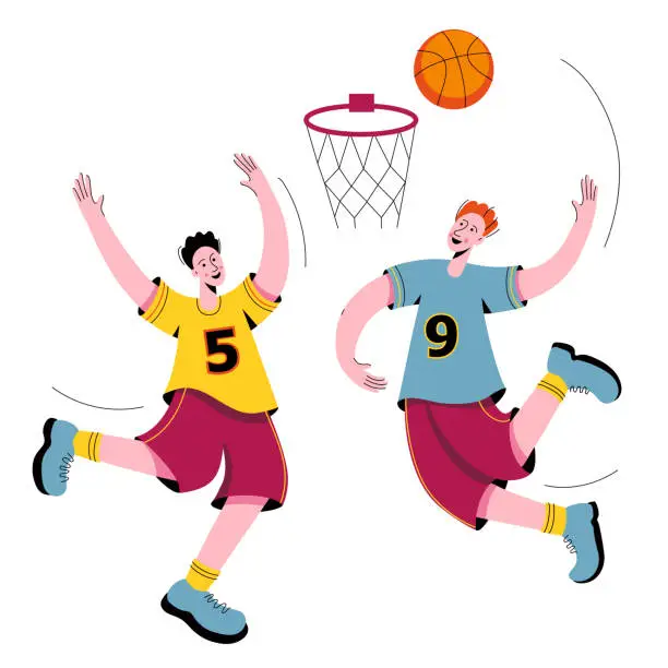Vector illustration of Two young men athletes in uniforms playing basketball. One player throws the ball into the basket