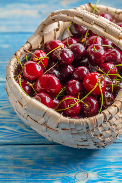istock Fresh cherries in a wicker basket. 1605671314