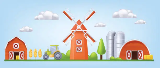 Vector illustration of 3D farm barn vector landscape, mill house front view, red silo cartoon agriculture building exterior.