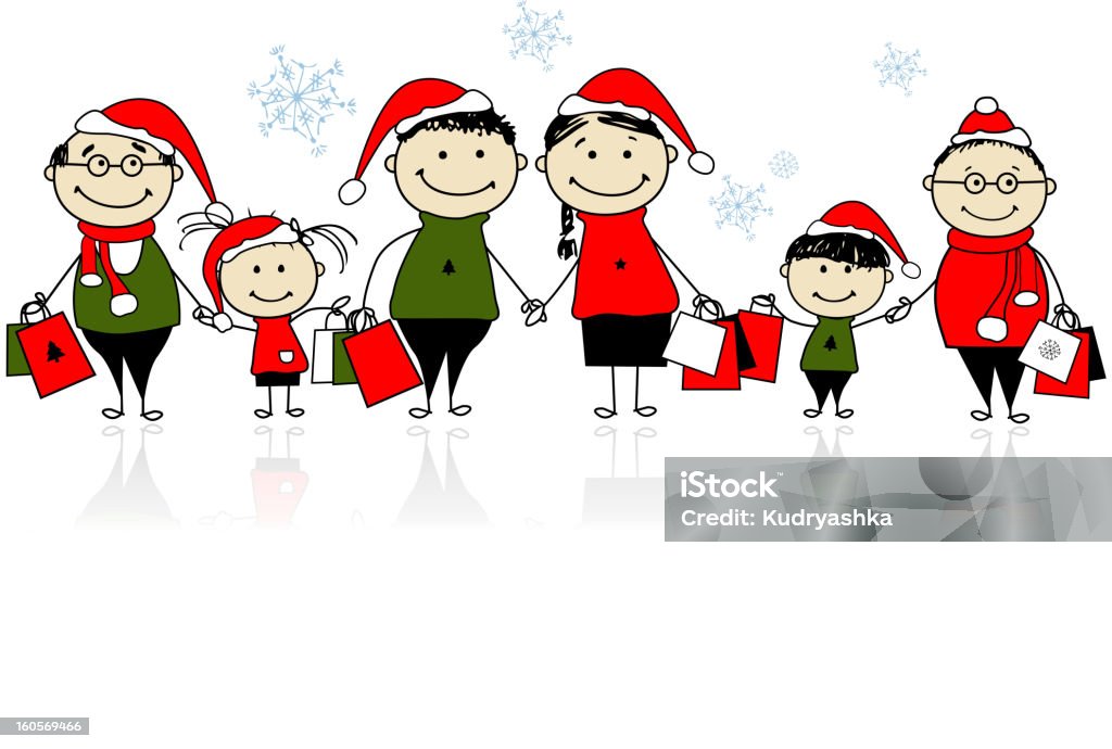 クリスマスショッピングをお楽しみください。幸せな家族の皆様 - いたずら書きのロイヤリティフリーベクトルアート
