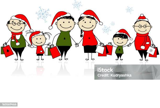 クリスマスショッピングをお楽しみください幸せな家族の皆様 - いたずら書きのベクターアート素材や画像を多数ご用意 - いたずら書き, お祝い, イラストレーション