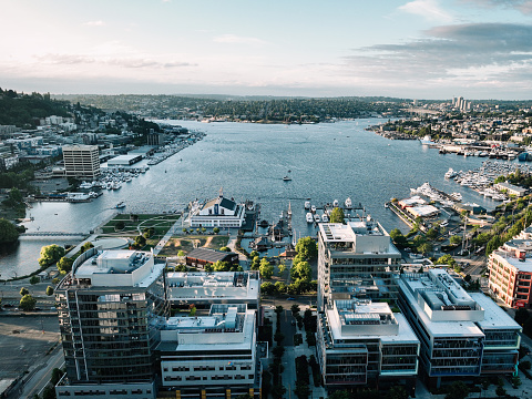Aerial shot of Seattle, Washington on a sunny day in summer, looking across Lake Union towards the Downtown skyline.