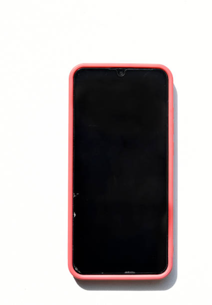 A smartphone in a red case and a black screen. Red phone on a white background.