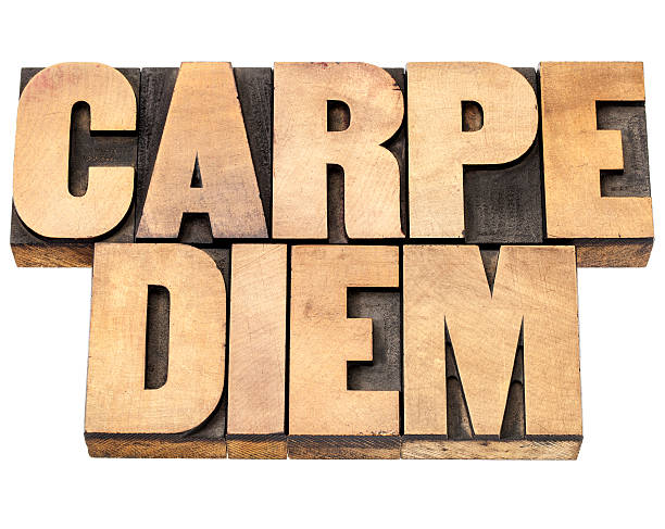 Enjoy life before it is too late, existential cautionary Latin phrase by Horace - Carpe Diem  - isolated text in vintage letterpress wood type printing blocks