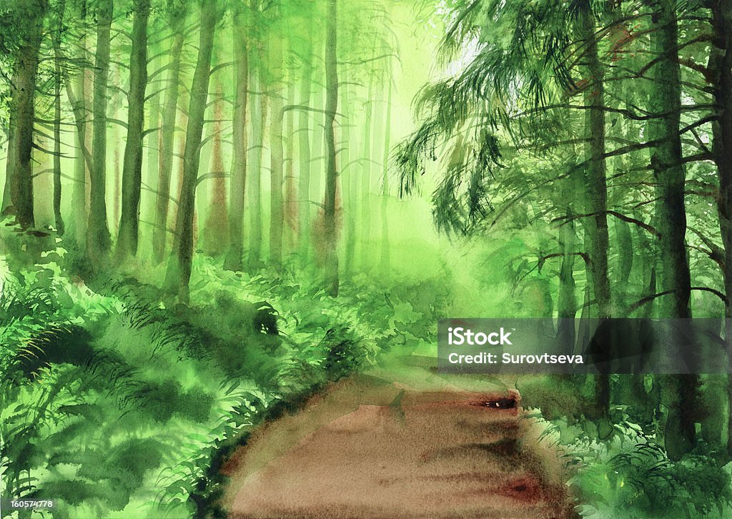 Green misty forest Watercolor painting of green misty forest by Veronika Surovtseva. Fern stock illustration
