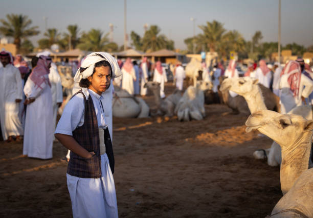 Buraydah, Saudi Arabia, 4th August 2023: soudi camels and men at a camel market