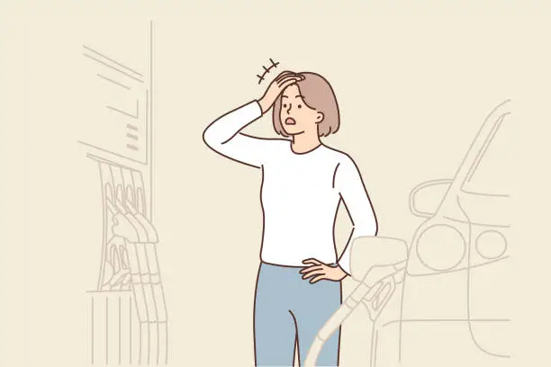 Vector illustration of Shocked woman filling car at gas station opens mouth at high price of fuel driven up by inflation