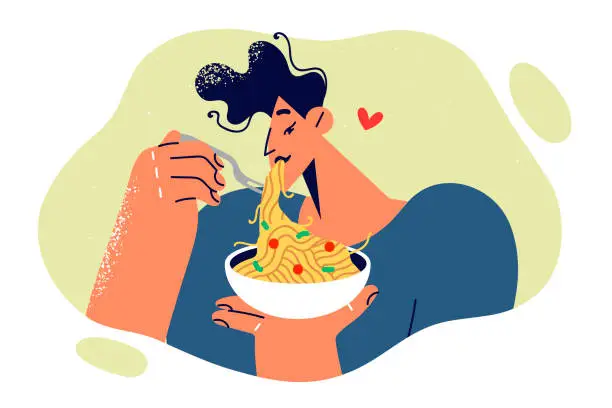 Vector illustration of Man eats spaghetti or pasta ordered from italian restaurant and enjoys long-awaited dinner