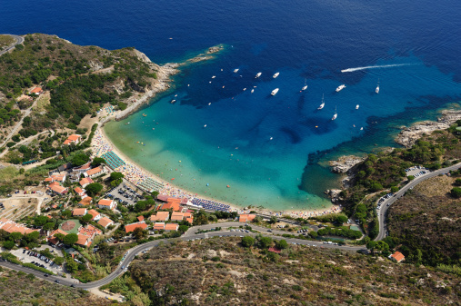 aerial view of a beautiful beach called Cavoli in Elba island, Italy
