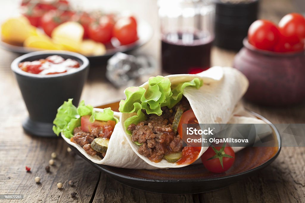 tortilla wraps with meat and vegetables Appetizer Stock Photo
