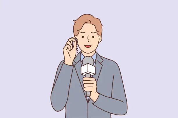 Vector illustration of Man reporter with microphone and earpiece informs TV viewers about important news live