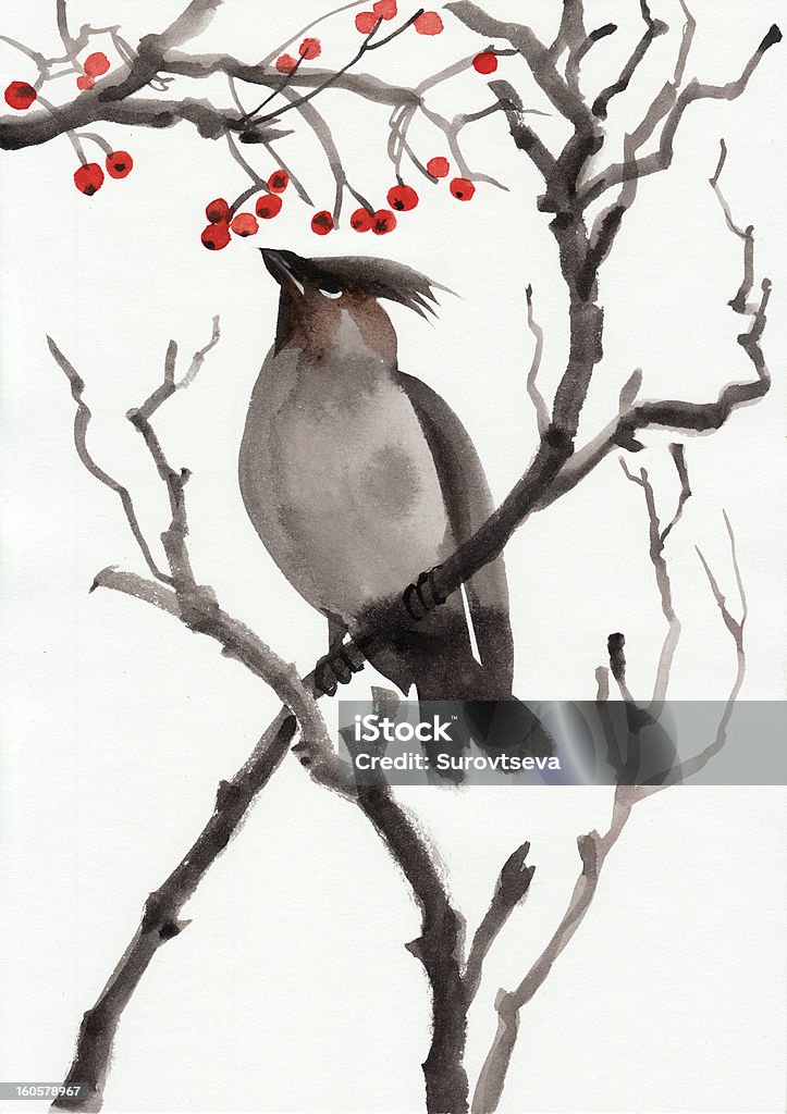 Bird and berry Watercolor original painting of a bird on a branch. Asian style. Animal stock illustration