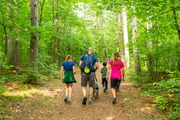 istock Family Walking in Woods With Dog 1605792460