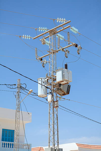 istock Transformers of an electrical post with powerlines 160579405