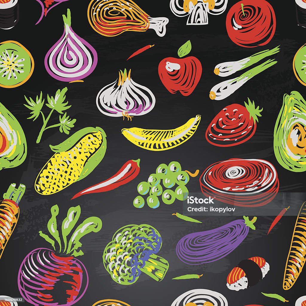 연속무늬, 야채 및 과일 on 검정색 바탕 - 로열티 프리 0명 벡터 아트