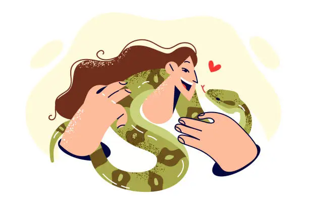 Vector illustration of Woman with snake around neck smiles and looks at green python, rejoicing at presence of beloved pet