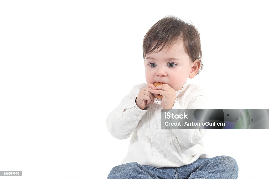 Bébé absorbé mangeant un cookie - Photo de Fond blanc libre de droits