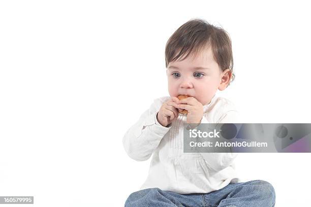 Photo libre de droit de Bébé Absorbé Mangeant Un Cookie banque d'images et plus d'images libres de droit de Fond blanc - Fond blanc, Biscuit, Bébé