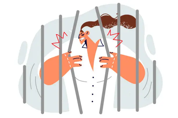 Vector illustration of Hostage woman breaks bars in order to get free and avoid imprisonment associated with breaking law