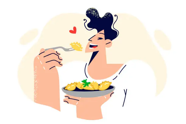 Vector illustration of Man eats ravioli enjoying taste of Italian dish delivered from restaurant or handmade