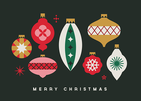 Greeting Card Design With Retro Mid-century Modern Christmas Holiday Ornaments