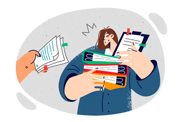 Vector illustration of Overworked woman with folders and papers in hands feels burnt out and lacks productivity