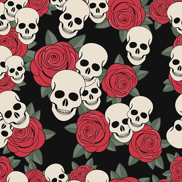 vector seamless with roses and skulls vector art illustration