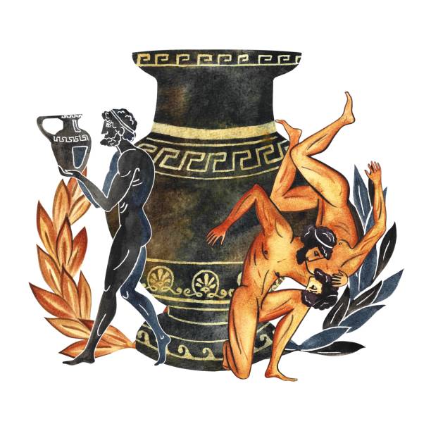istock Composition with Ancient Greek elements and athletes. Amphora, laurel wreath. In the style of ancient Greek art painting. Hand drawn watercolor illustration. For print, packaging, postcards. 1605830820