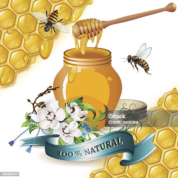 Jar Of Honey With Wooden Dipper And Bees Stock Illustration - Download Image Now - Bee, Orchid, Vector