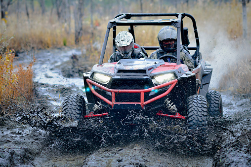 An Offroad vehicle racing. ATV, buggy, quad, UTV, 4x4. Mud splash