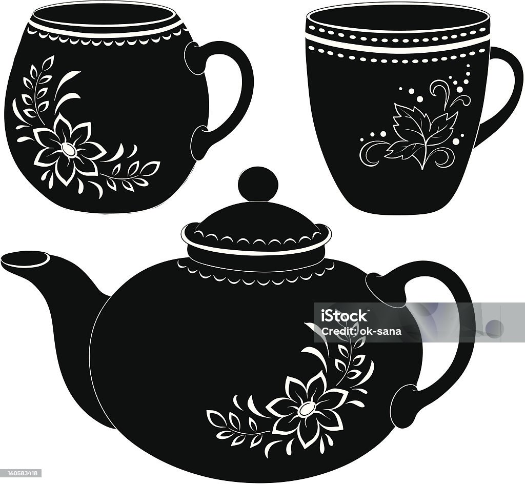 Teekanne und Tassen, Silhouetten - Lizenzfrei Schwarzweiß-Bild Vektorgrafik
