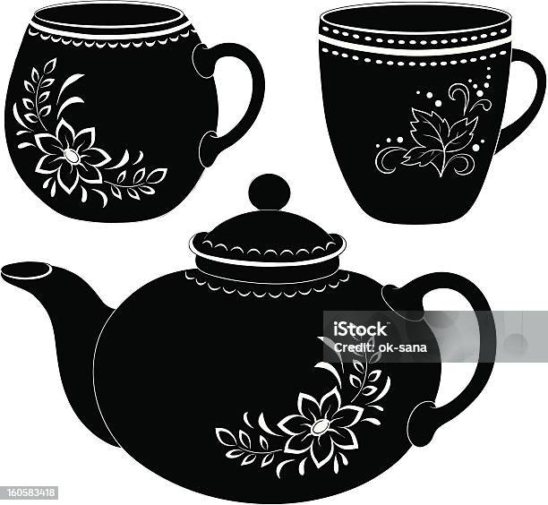 Sylwetka Czajnik Do Herbaty I Miseczki - Stockowe grafiki wektorowe i więcej obrazów Czajnik do herbaty - Naczynia stołowe - Czajnik do herbaty - Naczynia stołowe, Czarno biały, Bez ludzi